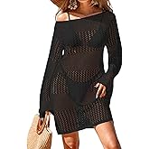 BreathSunny Womens Crochet Boat Neck Swimsuit Coverup Summer 2025 Long Bell Sleeve Beach Bathing Suit Cover Up Mini Dress