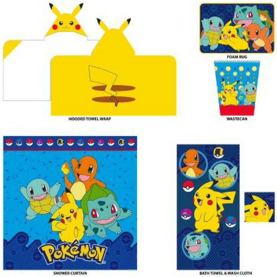 Kids 5-Piece Bathroom in a Bag Set Exclusive, Kids Bathroom, Bathroom Accessories For Kids, Kids Hooded Towel, Kids Shower Curtain, Kids Bath Towels, Kids Rug (Choose Your Character) (Pokemon)