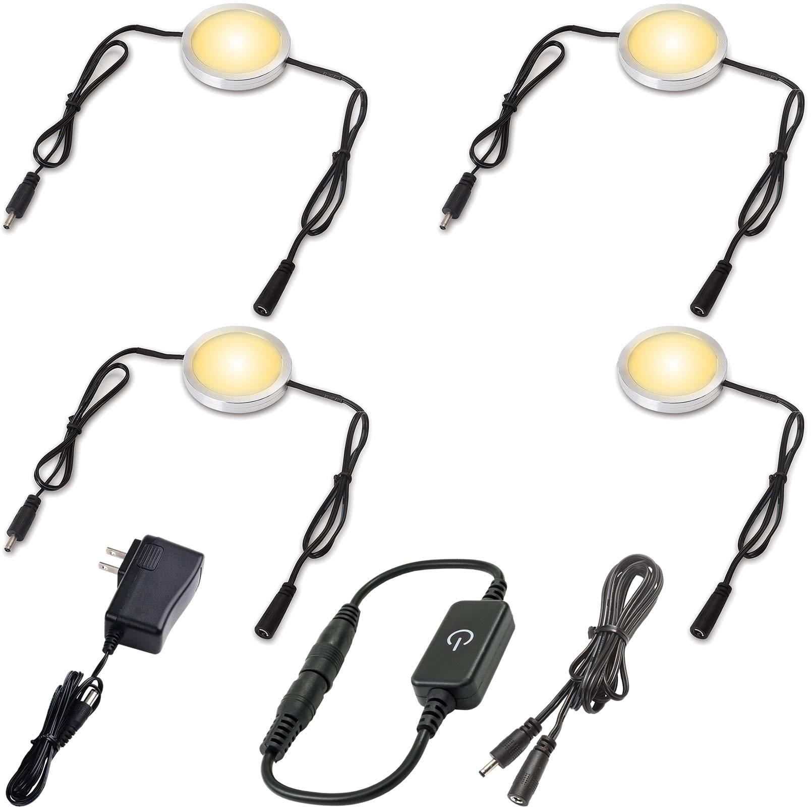Photo 1 of Lvyinyin LED Bookcase Lights, Curio Under Cabinet Display Lighting, Daisy Chained Linkable Puck Light Strip, 120V Electric Plug in, Inline Touch Dimmer Black Cord, 4 Lights, Warm White 2700K