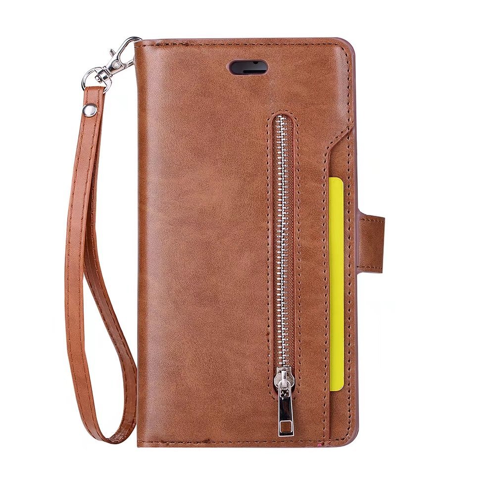 For iPhone 6S Plus Case, iPhone 6 Plus Magnetic Zipper Premium PU Leather Multifunctional Case with Purse Wallet Cover Stand Cash Card Holder Slot Hand Wrist Strap Design Folio Flip Case (Brown)