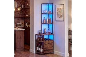 GOFLAME Corner Bar Cabinet with LED Lights & Power Outlet, Glass Holder, Wine Rack, Cabinet, 6-Tier Industrial Wine Cabinet w