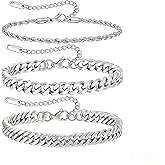 JEMARA 3Pcs Stainless Steel Mens Bracelet,Adjustable Sturdy Silver Cuban Chain Bracelet Set for Men
