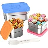 DaCool 3 Pack Kids Stainless Steel Snack Containers with Lids Spork, Totally 24 oz Easy Open Leakproof Small Toddler Snack Box with Silicone Lid, Stackable Metal Lunch Box for Daycare School