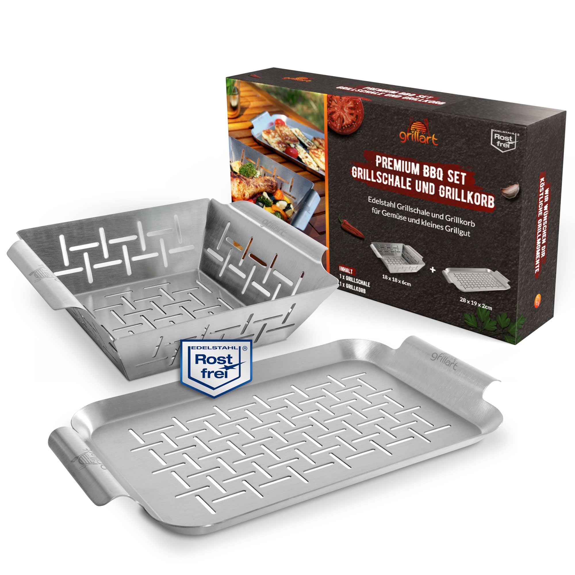 grillart® Premium Grill Basket and Grill Tray Stainless Steel (Set), Can be Used as Fish Grill and Grill Tray - Universal and Particularly Durable Grill Pan for Grill - Grill Accessories