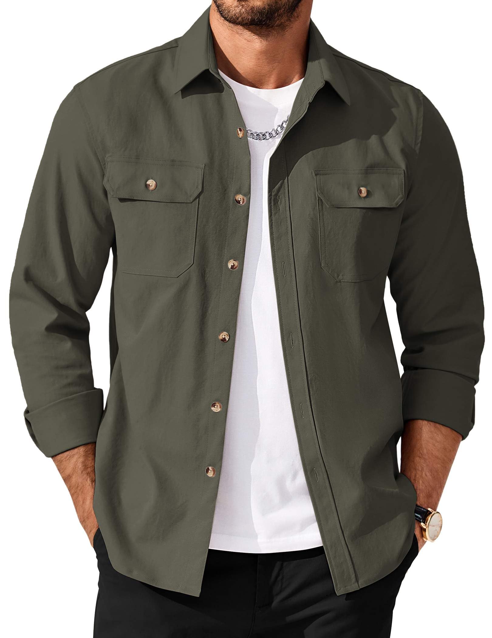 Photo 1 of ** SIMILAR IMAGE/ SIZE 3XL**COOFANDY Mens Trucker Jacket Button Up Shirts Long Sleeve Untucked Shirts for Men Army Green