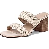 Ancomafio Heeled Sandals for Women Raffia Sandals 2025 Chunky Block Heels Square Open Toe Heels Double Strap Summer Dressy Shoes Slip On