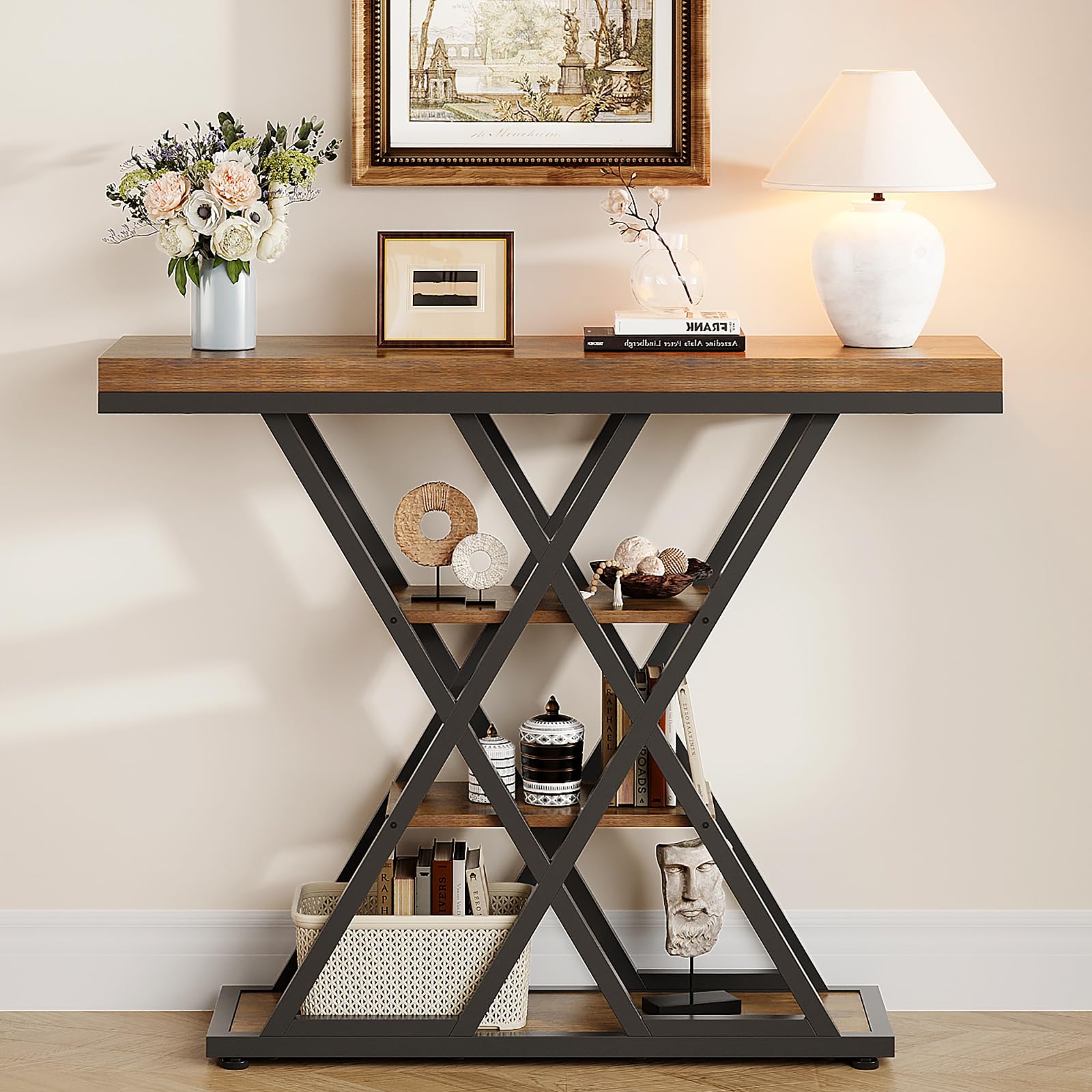 Photo 1 of Rusitc Console Table, Industrial Entryway Table Farmhouse 4-Tier Sofa Tablewith Storage Shelves, Narrow Wood Accent Tables for Living Room, Hallway, Foyer (Brown, 41.3")