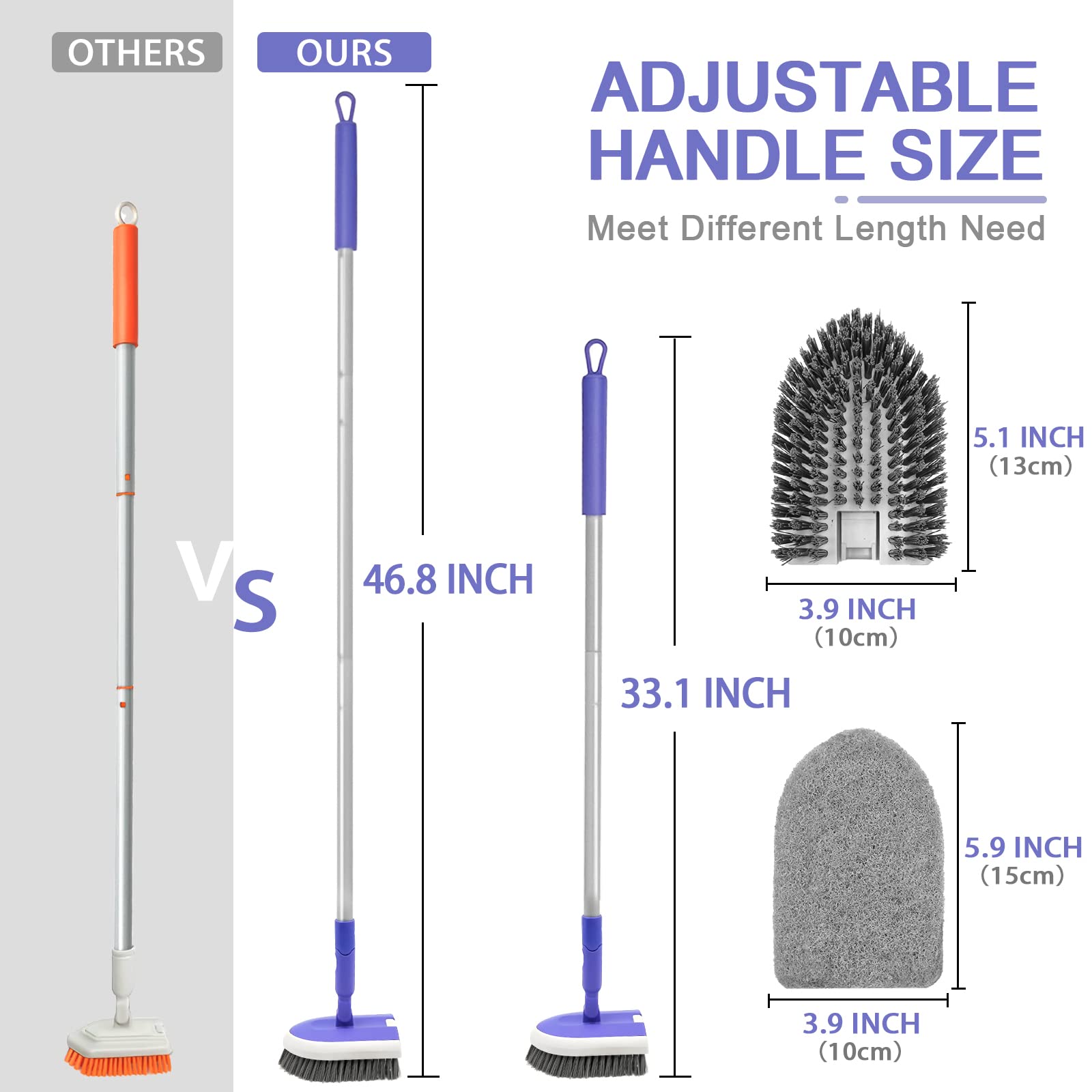 ZUBULUN Cleaning Brush with 118 cm Long Handle, 2-in-1 Scrubber with Handle, Hard Bristles with 2 Floor Scrubbers, Cleaning Brush, Wall, Kitchen, Shower Bath, Floor