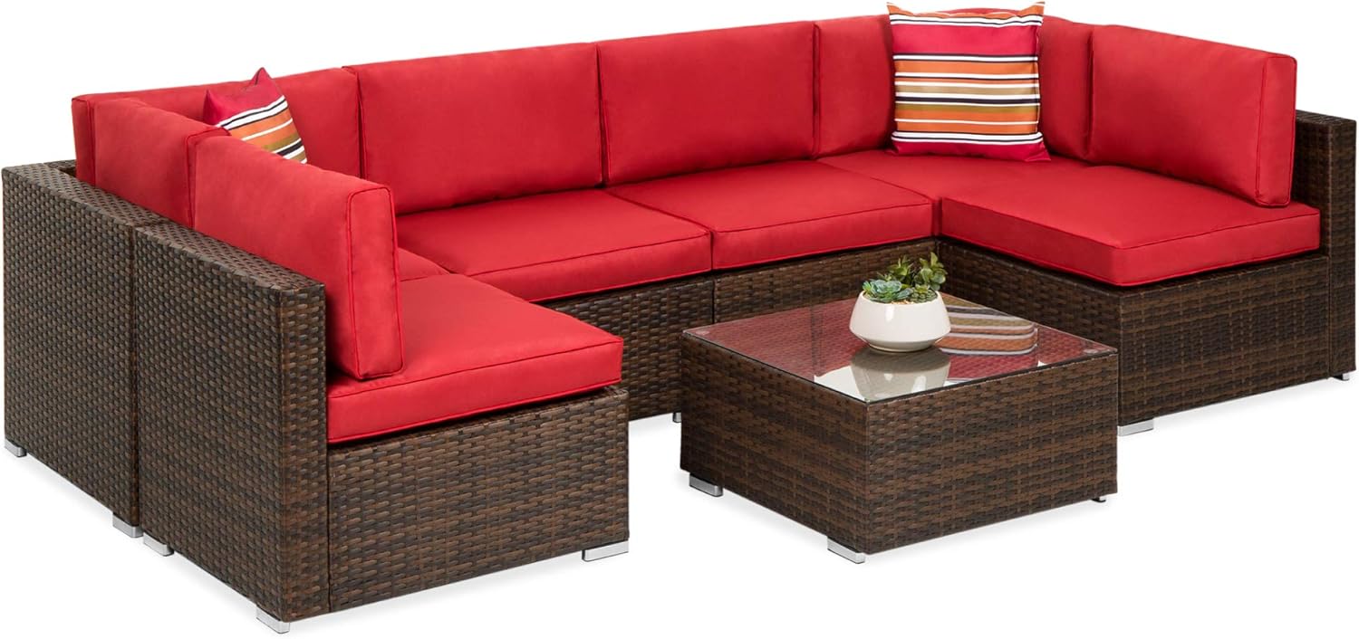 Best Choice Products 7-Piece Modular Outdoor Sectional Wicker Patio Furniture Conversation Set w/ 6 Chairs, 2 Pillows, Seat Clips, Coffee Table, Cover Included - Brown/Red