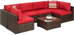 Best Choice Products 7-Piece Modular Outdoor Sectional Wicker Patio Furniture Conversation Set w/ 6 Chairs, 2 Pillows, Seat Clips, Coffee Table, Cover Included - Brown/Red