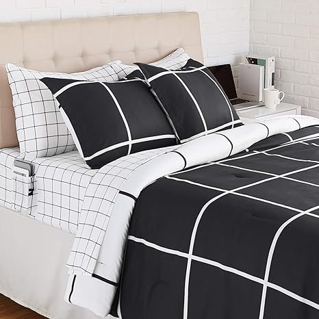 Amazon Com Amazon Basics Reversible Microfiber Bed In A Bag With Elastic Storage Pockets Full Queen Black Grid Home Kitchen