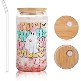 Salpae Halloween Glass Cups with Lids and Straws - Cute Ghost Tumbler, Functional & Portable Coffee Cups for Halloween Party Favors, Coffee Drinks, Trick-or-Treat Gifts (COLOR A)