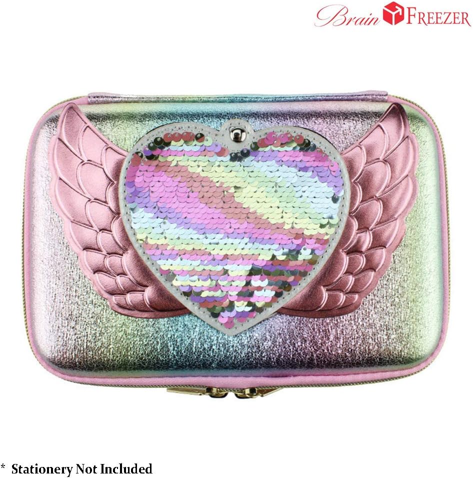 Brain Freezer 3D Sequin with Mirror Trendy Funky Attractive Premium Stylish Cute Large Capacity Hardtop EVA Pencil Case Organizer School Kids Girls Women Pen Holder Pouch Multipurpose Heart Design