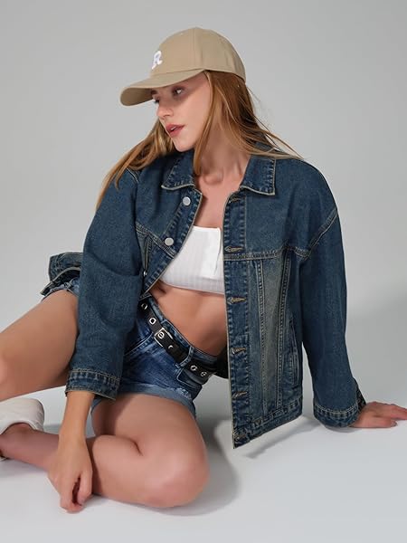 ROSWEAR WOMEN’S DENIM JACKETS OVERSIZED BUTTON LONG SLEEVE WASHED JEAN TRUCKER JACKET WITH POCKETS FADED DENIM BLUE MEDIUM