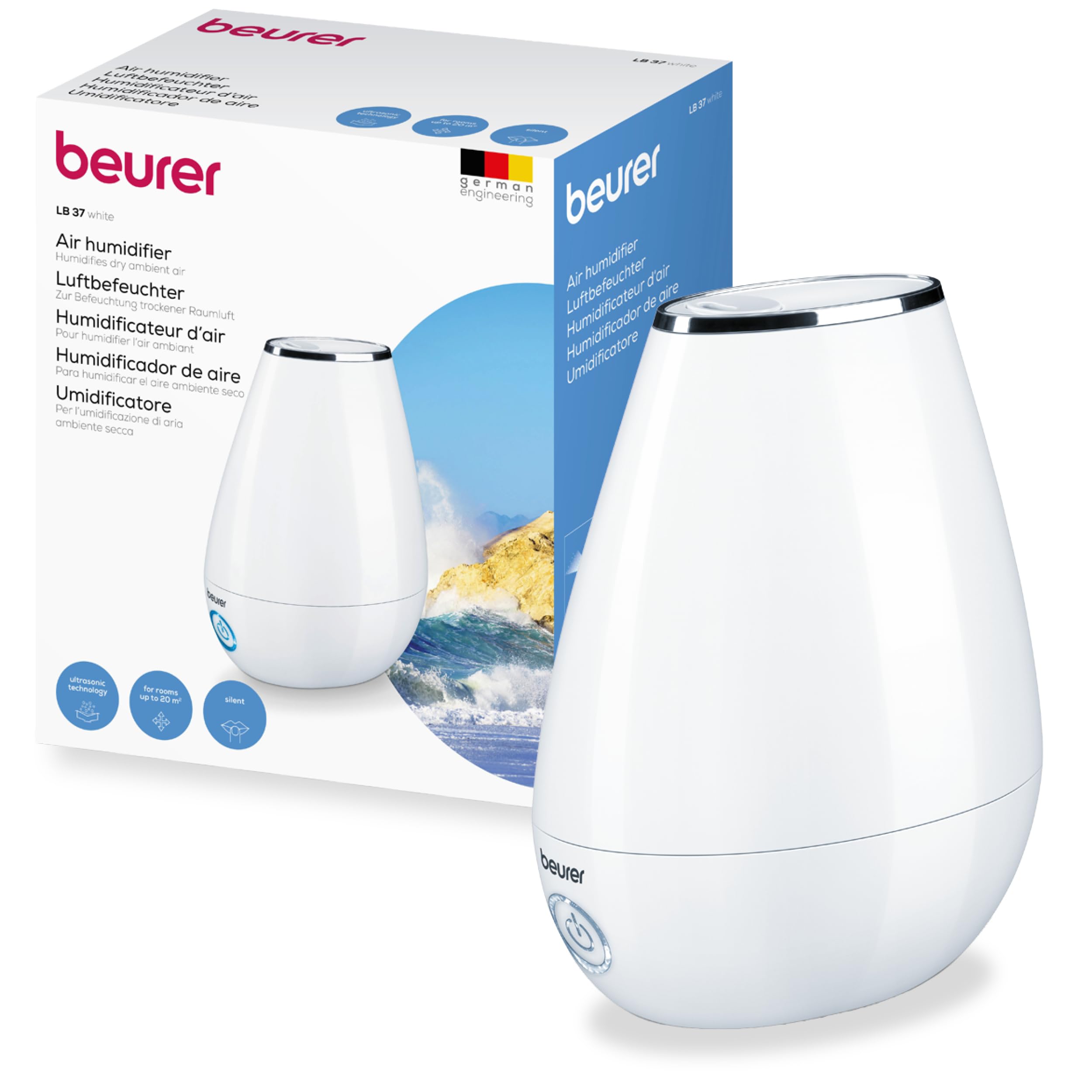 Beurer LB 37 Air humidifier with ultrasound atomisation, including integrated aroma diffuser, humidifier with quiet night mode for the bedroom, 2L tank for rooms up to 20 m², white