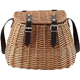 Wicker Picnic Basket, Fishing Creel Basket, Carrying Gift Basket with Lid and Shoulder Strap