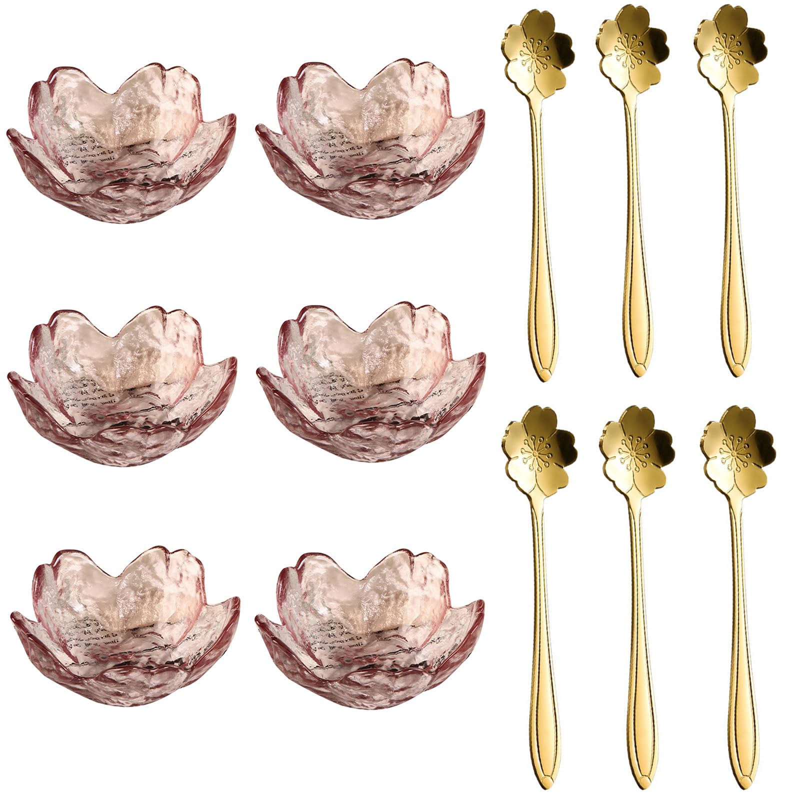 soulnioi Glass Dipping Bowls, Japanese Cherry Blossom Seasoning Dishes, Mini Crystal Dessert Bowls Pink Sakura Serving Dishes with Spoons for Ice Cream Snack Dips Sushi, Set of 6