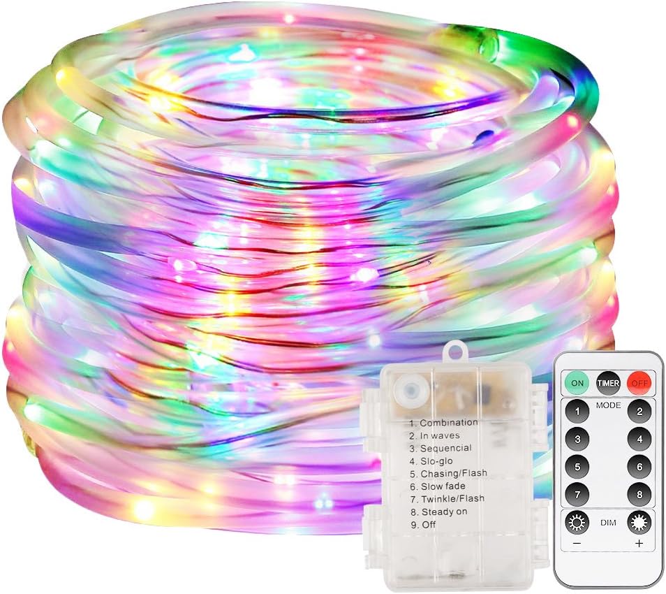 LED Rope Lights Battery Operated 33ft String Lights with Remote Timer 8 Mode Dimmable Fairy Lights Waterproof Firefly lights for Garden Home Thanksgiving Christmas Decor(Multi-Color)