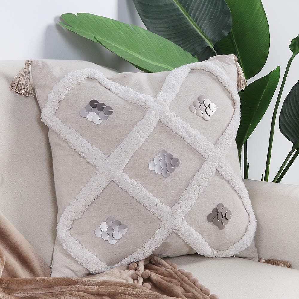 Sungea Linen Throw Pillow Cover, 18 x 18 Decorative Boho Sequin Pillowcase Beige Geometric Tufted with Tassels Accent Cushion Case for Couch Sofa Living Room Party (Silver Sequin)