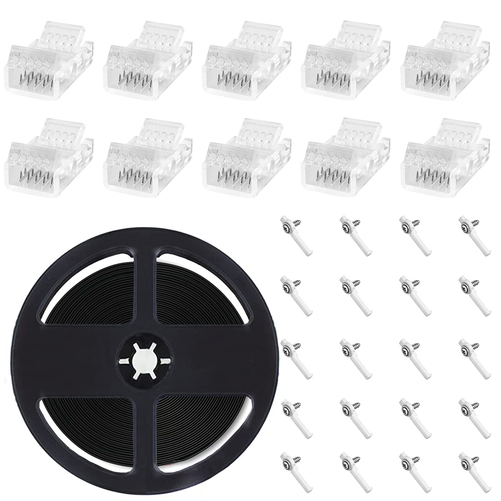 YAJIERUI 5pin LED Strip Lights Connectors Kit,5m RGBW Electrical Wire 22AWG Wire,10pcs Solderless Adapter Terminal Connector,20pcs Strip Light Mounting Clips,for 12mm 5050/3528 Multicolor LED Strips