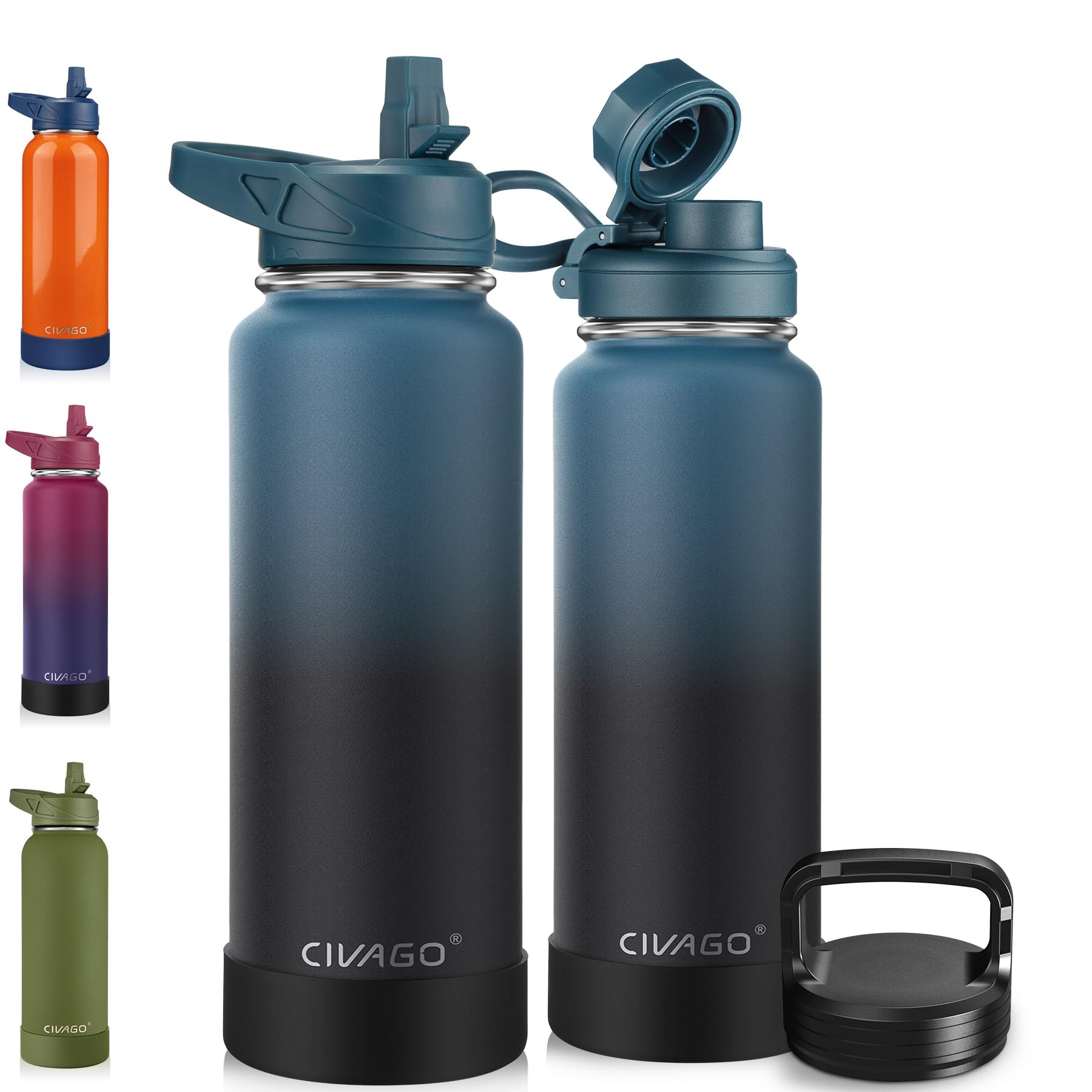 Photo 1 of ***HUGE DENT*** CIVAGO 40 oz Insulated Water Bottle With Straw, Stainless Steel Sports Water Cup Flask with 3 Lids (Straw, Spout and Handle Lid), Double Walled Travel Thermal Canteen Mug, Indigo Black