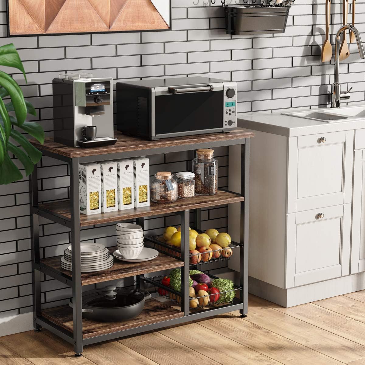 Homemaxs Kitchen Baker’s Rack, 4 Tier+ 4 Tier Microwave Storage Stand with 2 Slide-Out Mesh Baskets, Vintage Utility Shelf for Spices, Pots, and Pans Organizer Workstation - Rustic Brown: Kitchen & Dining