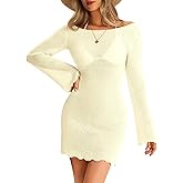 Saodimallsu Womens Swimsuit Cover Up Long Sleeve Sheer Mesh Knit Mini Dress Backless Tie Summer Beach Vacation Outfits