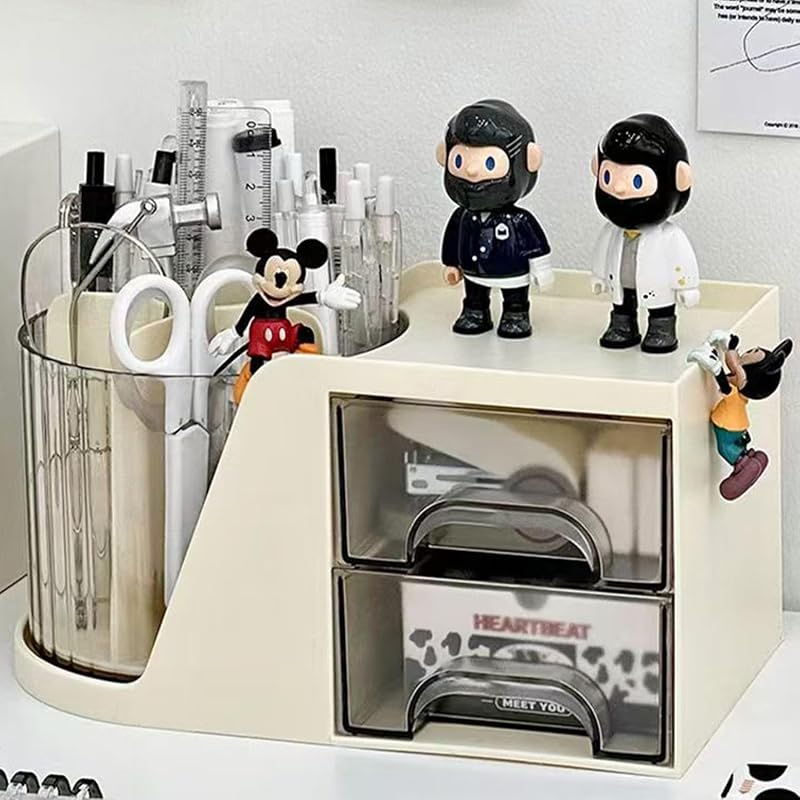 Drehbarer Schreibtischorganisator, Schreibtisch Organizer kinder mit 2 Schublade, 360 Grad stifteköcher für Büro, schulsachen, skincare, schulsachen und Kunstbedarf (Sahne)