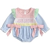 Doqcey Newborn Baby Girl Fall Clothes Jesus Loves Me Embroidery Bubble Romper Striped Long Sleeve Bodysuit Baptism Outfit