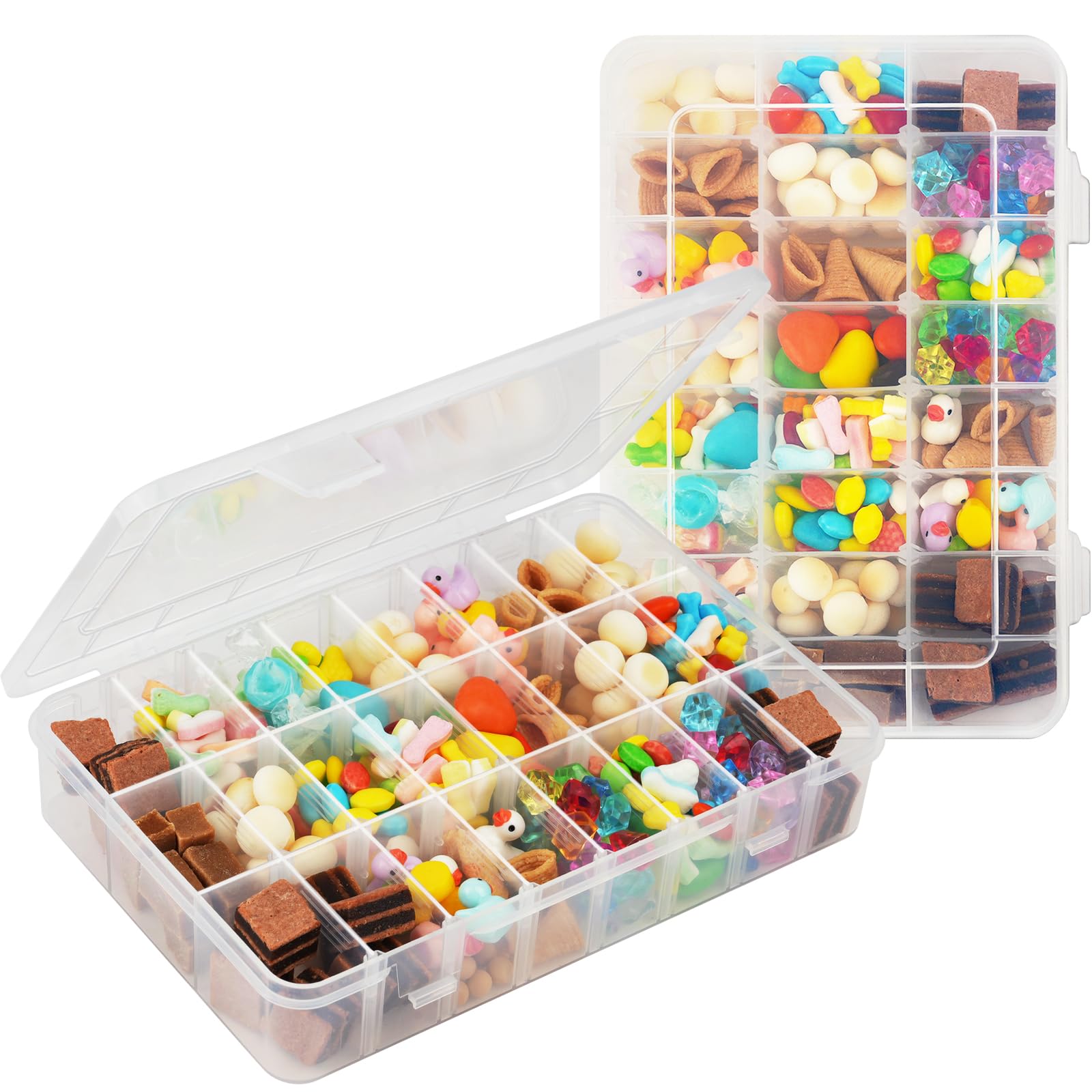 HOTUT Snack Box With Compartments, 2 PCS Snackle Box Trays with 24 Removable Grids Compartments, Clear Multi Plastic Organiser for Snackle, Fruits, Sweet, Craft, Pills, Beads, Bolts, Nuts, Kids Travel