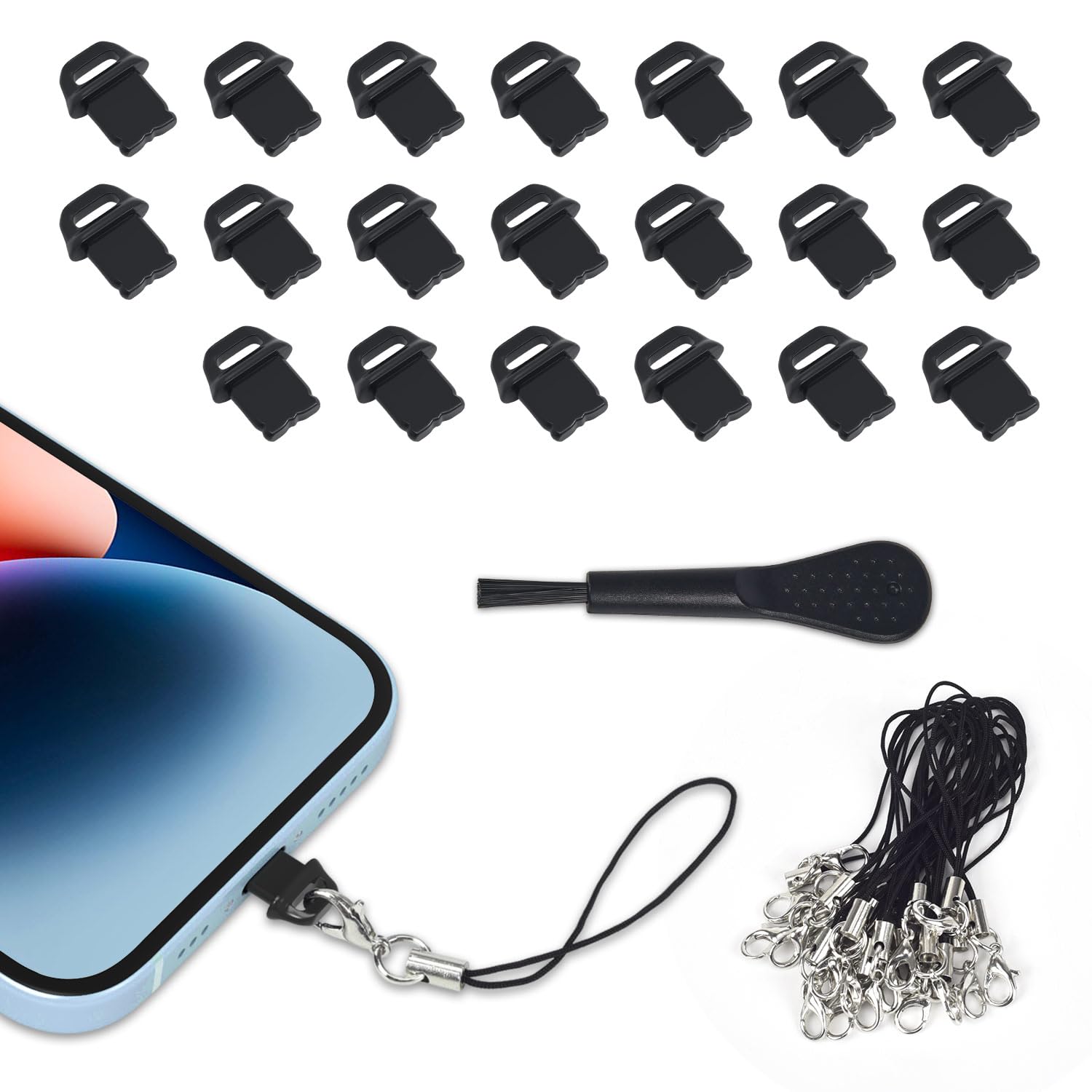 Photo 1 of 20 Pcs Lightning Dust Plugs for iPhone 14 Pro Max/13/12/11 and AirPods, iPhone Port Charger Plug Protector Cover with Cleaning Brush Lanyards, Easy-Grip Tab