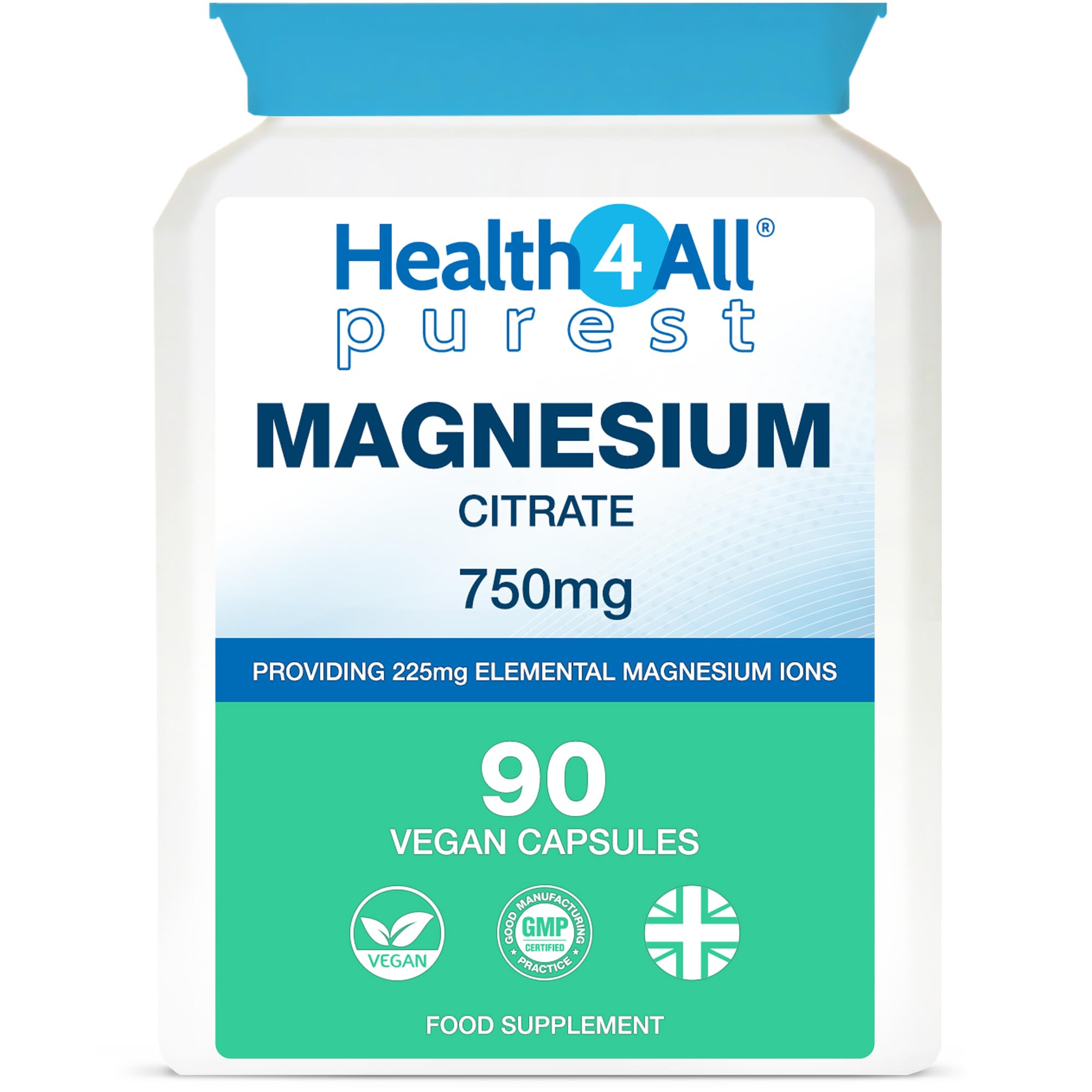 Health4All Magnesium Citrate 750mg per Capsule 90 Capsules, High Strength 225mg Elemental Magnesium, Easily Absorbable, Highly Bioavailable, Purest: no Additives, Vegan Supplement | Made in UK