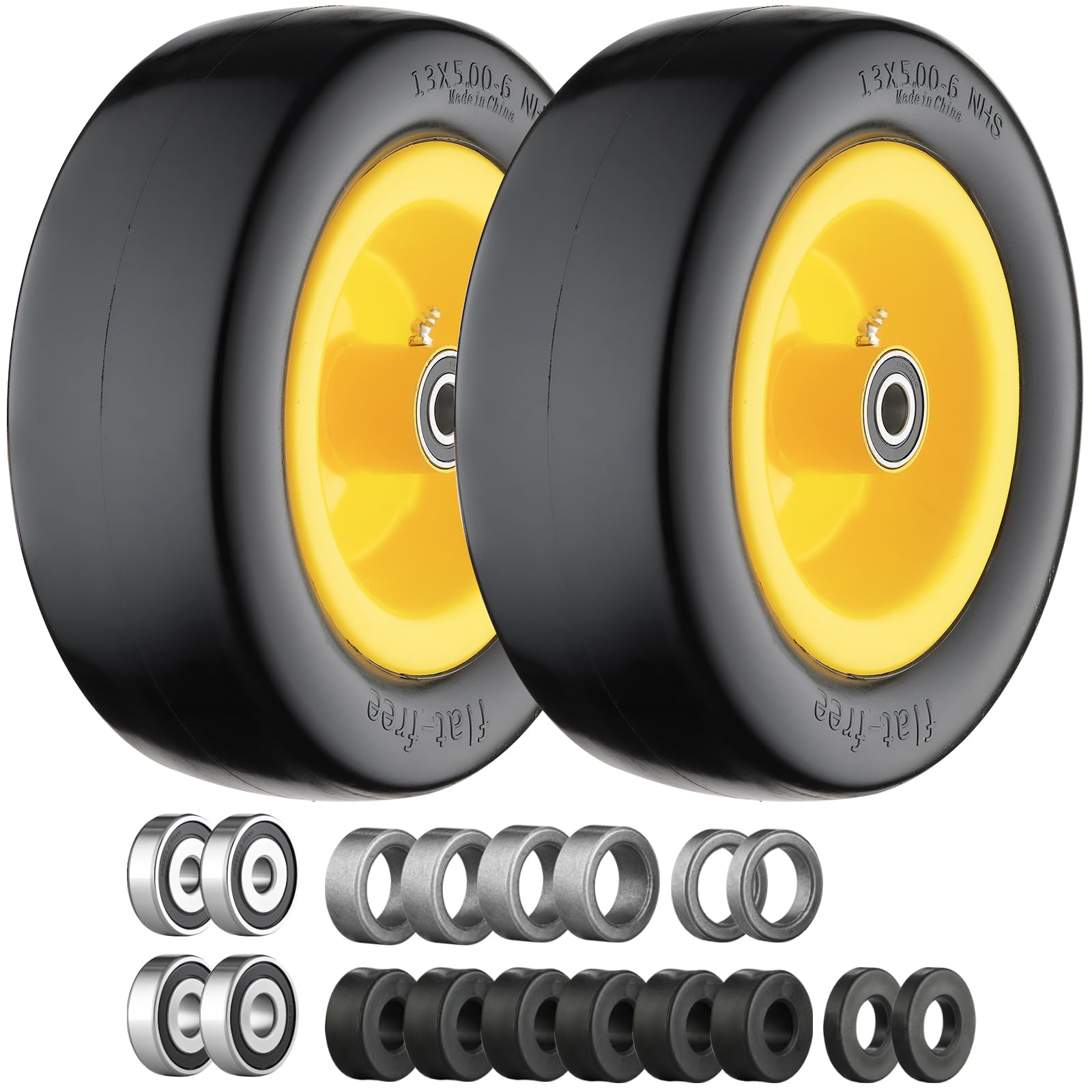 Photo 1 of 13x5.00-6 Flat Free Tire and Wheel Zero Turn Mower Front Tires with 3/4", 5/8" and 1/2" Bearings, 4.2"-7.3" Centered Hub, Compatible with Lawn Mower Garden Tractor by Cubesprings - 2Pack