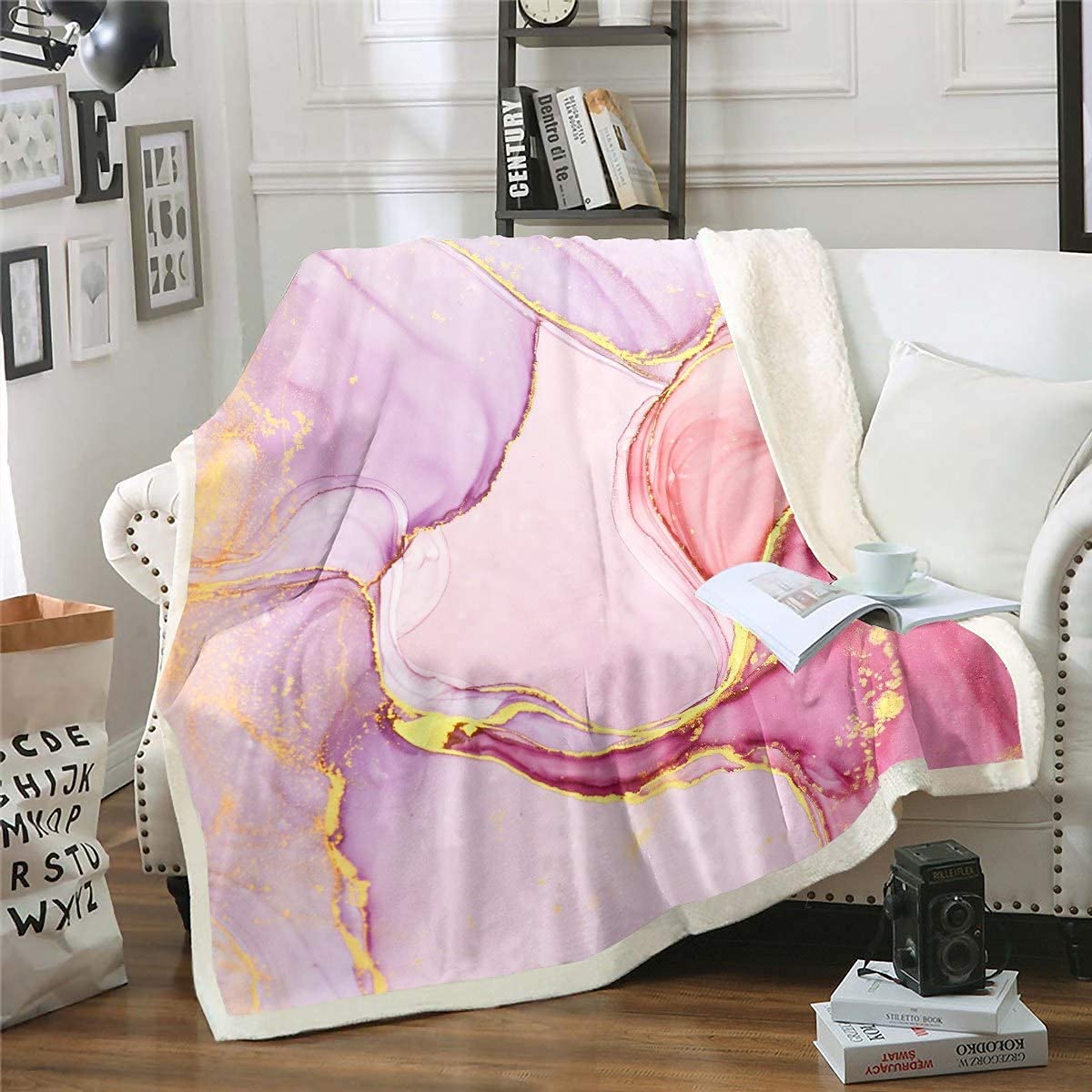Loussiesd Girly Marble Printed Sherpa Blanket Women Pink Marble Throw Blanket Abstract Art Fleece Blanket for Chair Sofa Modern Marble Warm Plush Blanket Single 50x60 Inch