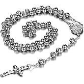 OIDEA Mens Womens Stainless Steel 8MM Beads Mary Jesus Crucifix Cross Rosary Necklace for Xmas Gift,Gold,Silver,Black Tone,with Gift Bag