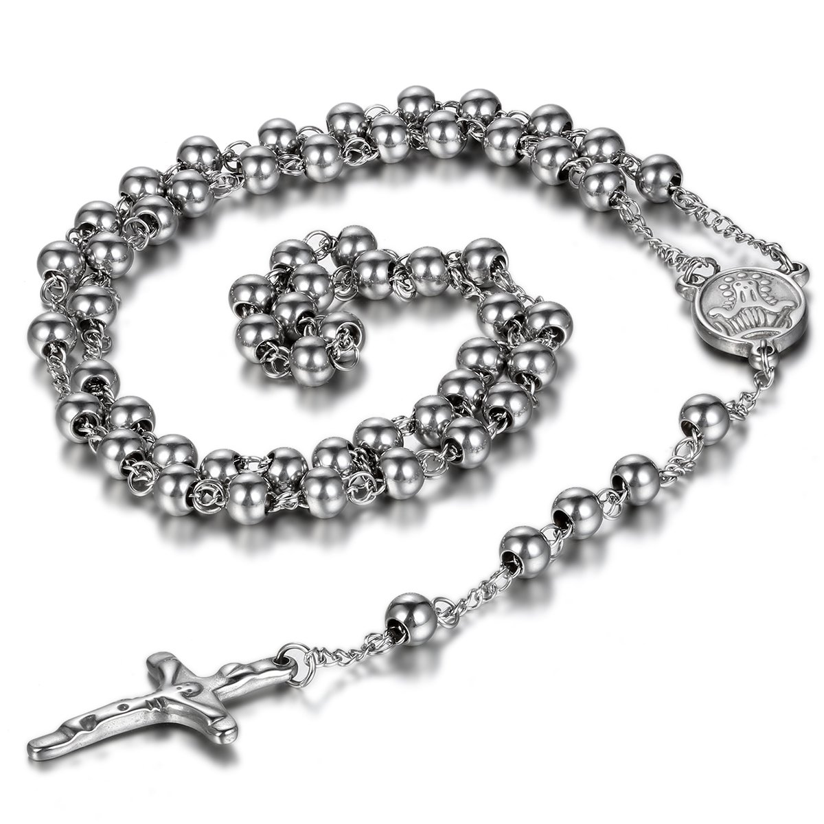 JewelryWe Unisex Men's Stainless Steel Silver Jesus Christ Crucifix Cross Pendant Necklace Vintage 29.7 Inch Rosary Chain — image 1