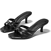 Coutgo Womens Strappy Kitten Heels Sandals Square Open Toe Flip Flops Slip On Slides Summer Dress Shoes