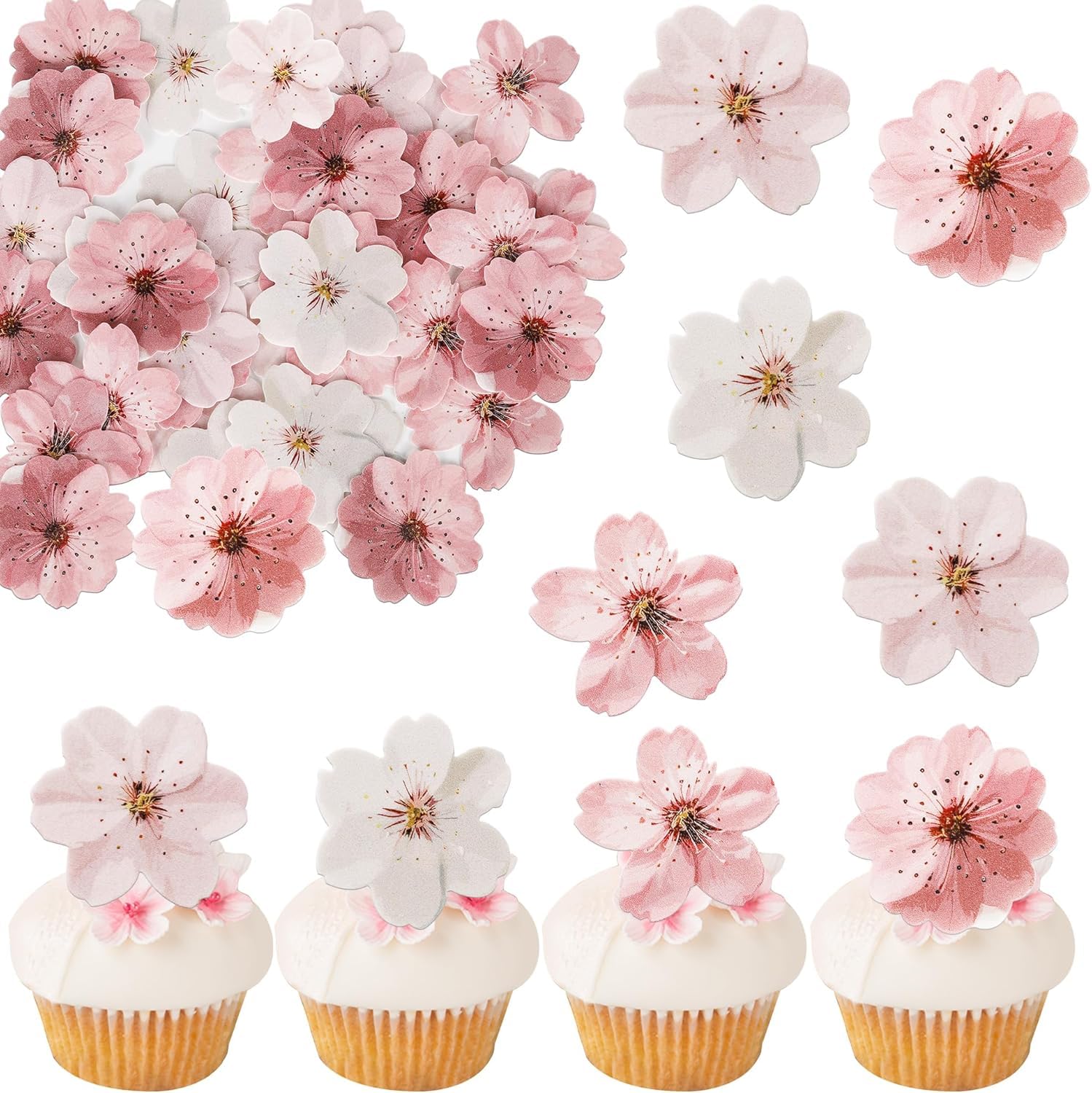 Nymora 40 PCS Cherry Blossoms Cupcake Toppers Edible Cherry Blossoms Flowers Cake Decorations Wafer Paper Flowers Cupcake Topper for Baby Shower Kids Birthday Party Decorations