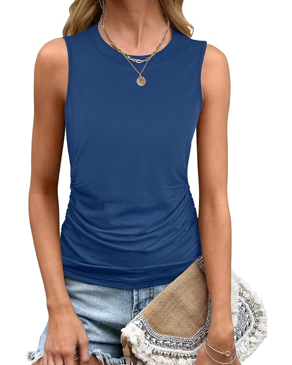 ANRABESS Tank Top for Women Casual Loose Fit Sleeveless Crewneck Ruched Basic Tee Shirts 2025 Summer Trendy Outfits