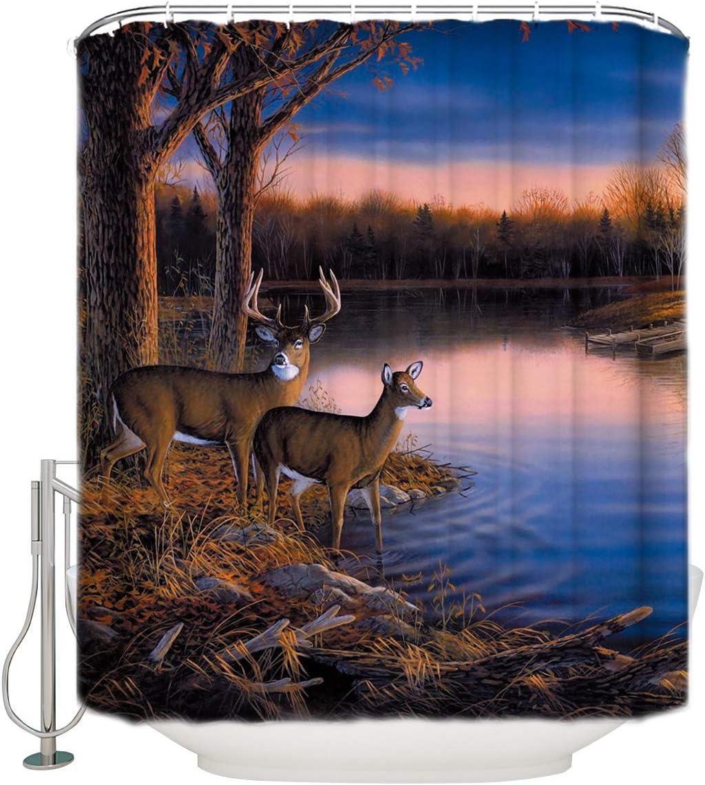 YOKOU Antlers Decor Shower Curtain Set Nature Wildlife Animal Deers Print Polyester Fabric Bathroom Shower Curtains with Hooks 60" W x 72" H