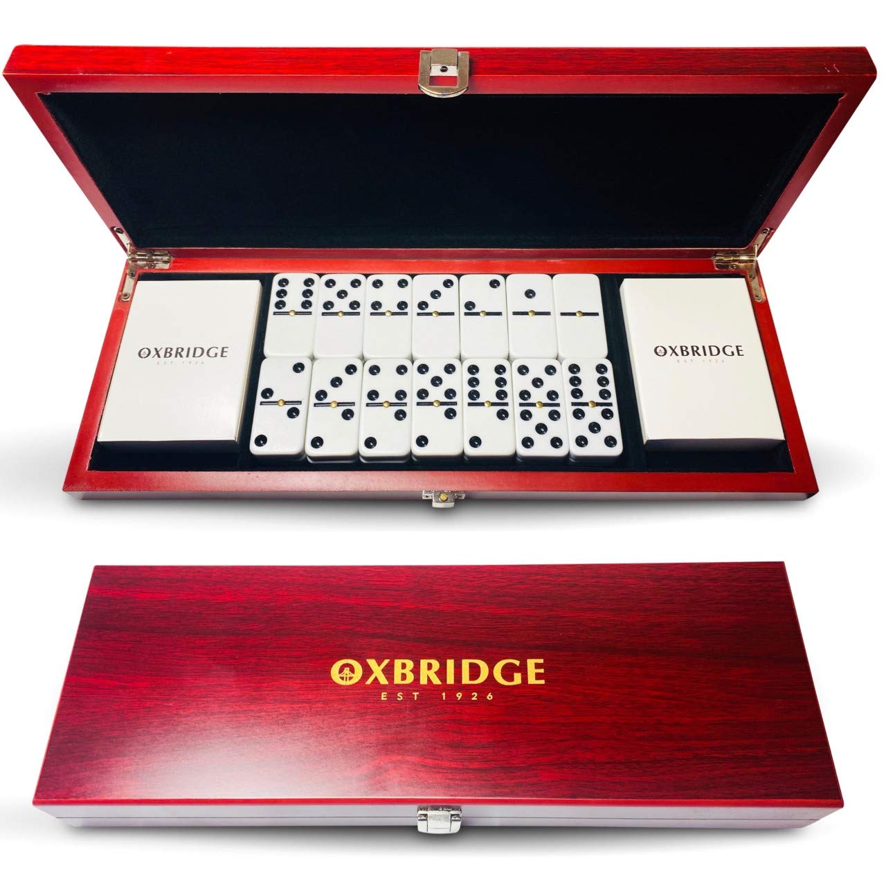 OXBRIDGE Domino Set with 2 Waterproof Playing Card Decks, traditional Dominoes Set Classic Double Six Dominoes in Handcrafted Wooden Mahogany Box with Poker Size Deck of Cards for Adults