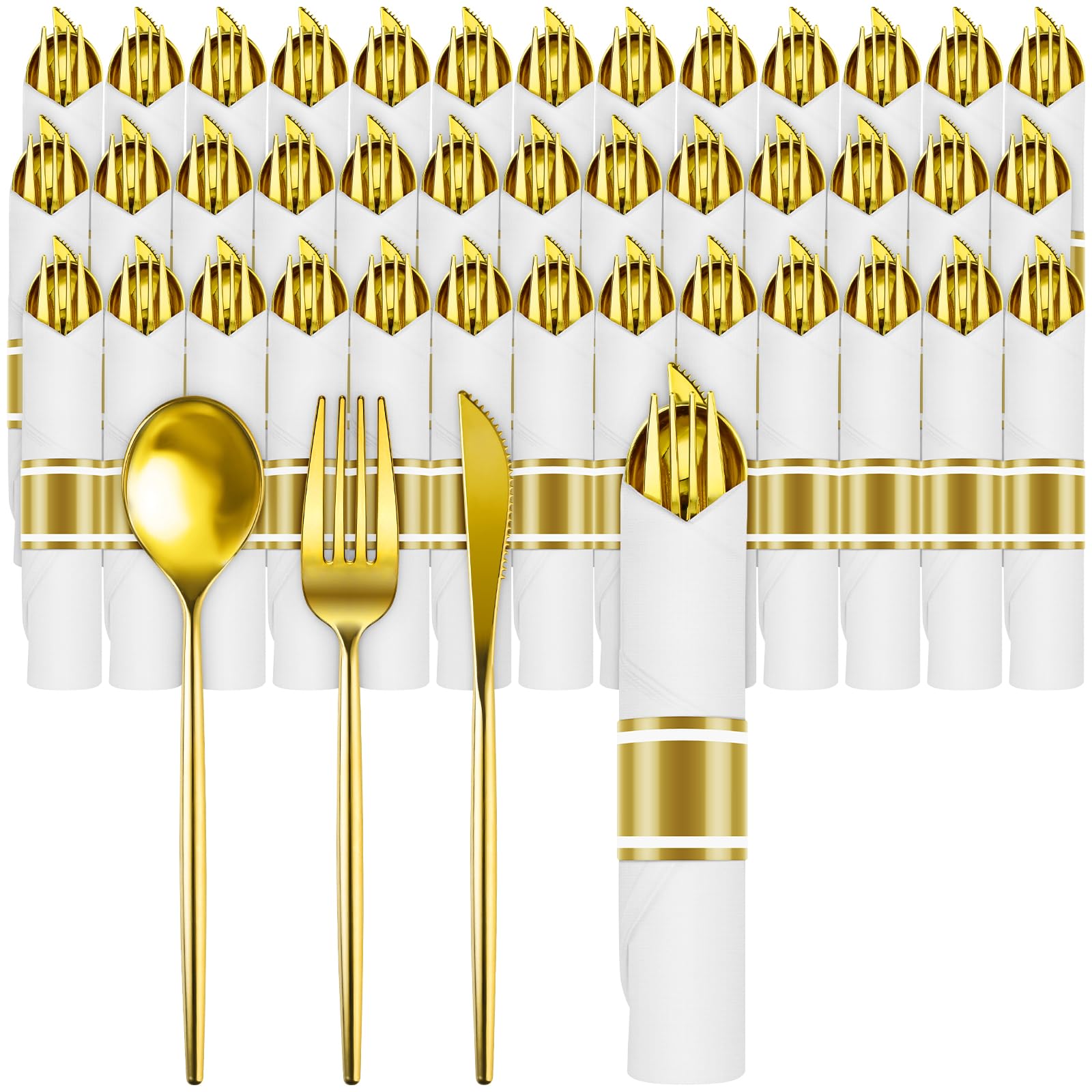 Photo 1 of 100 Packs Pre-Rolled Plastic Cutlery Set Disposable - Wrapped Gold Plastic Silverware Set with 100 Napkins, 100 Spoons, 100 Forks and 100 Knives for Wedding Birthday Party Dinner (Gold)