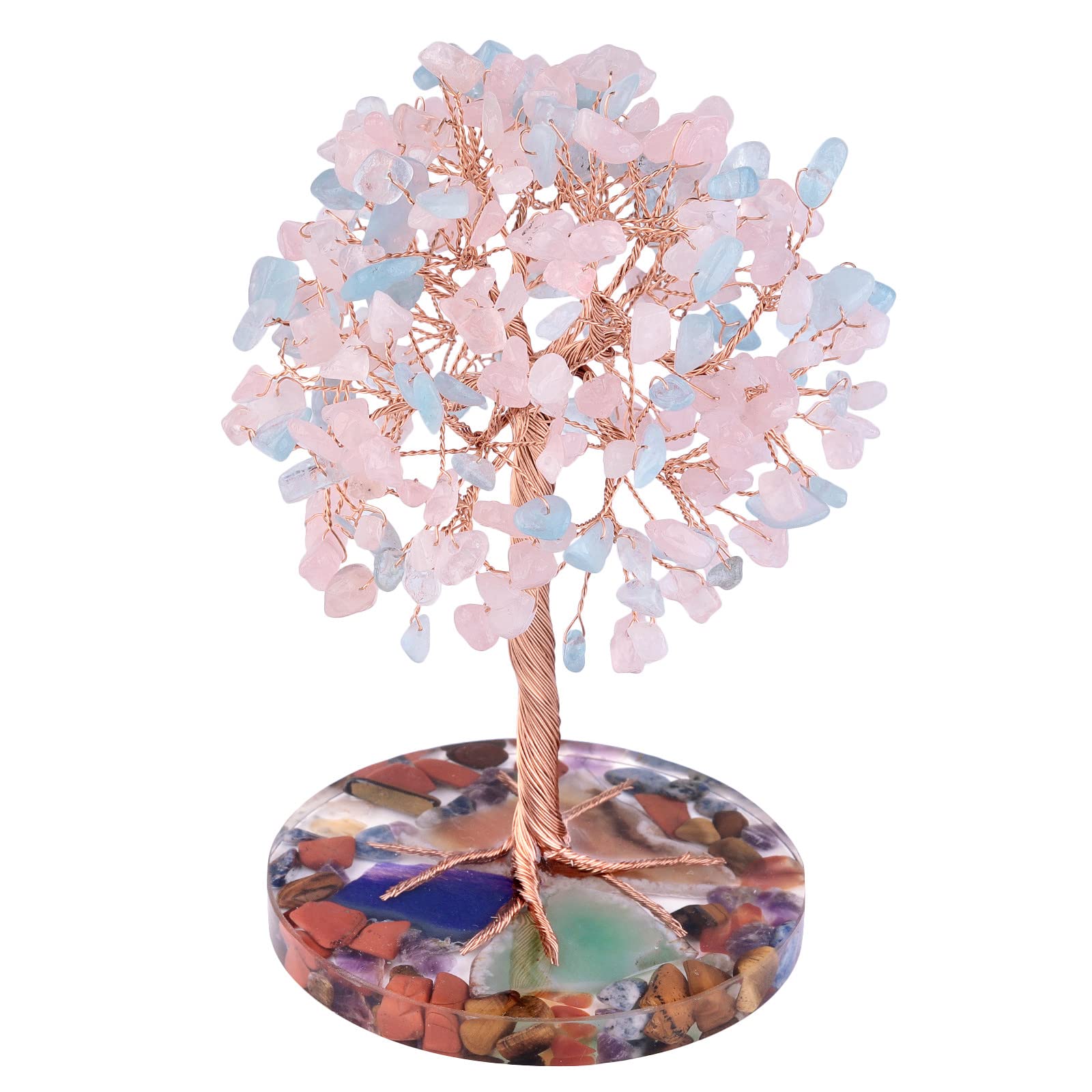 Nupuyai Aquamarine & Rose Quartz Crystal Money Tree with Agate Slice Base, Energy Healing Stone Tree Good Luck Fengshui Spiritual Ornament Home Office Decor