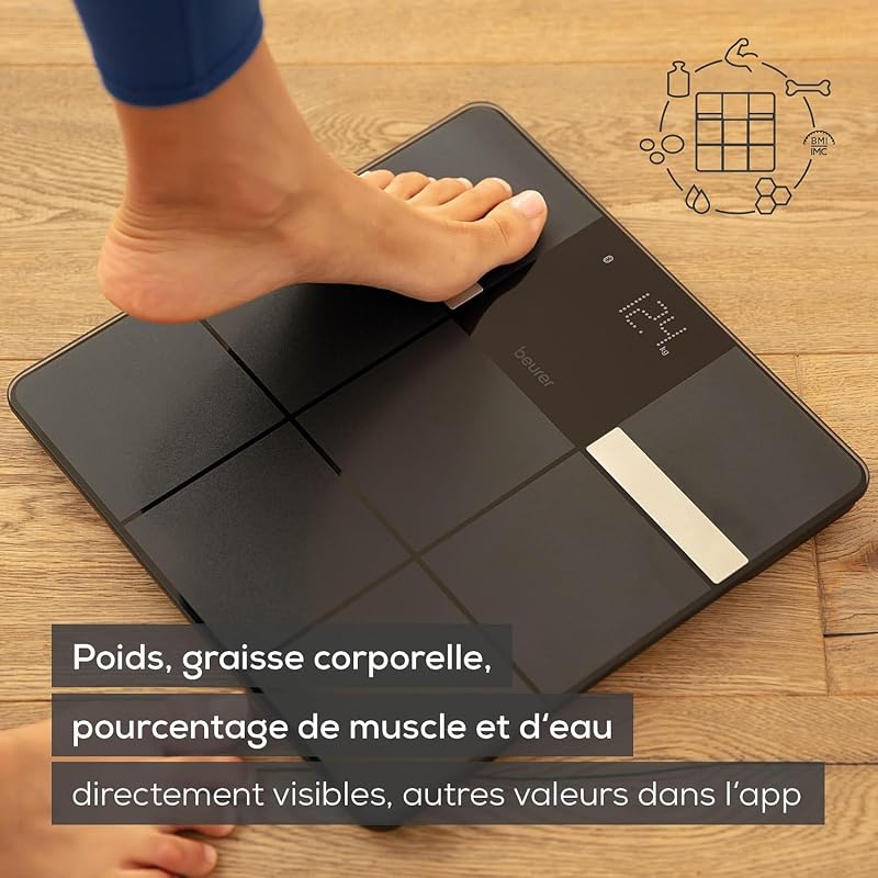BF 450 Pèse-personne avec connexion à l'application via Bluetooth, balance impédancemètre numérique avec 17 valeurs mesurées, structure de carreaux mats, 8 mémoires utilisateur, 180 kg
