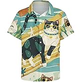 Hehanus Cute Cat Mens Hawaiian Shirts Funny Cat Print Short Sleeve Aloha Beach Shirt Summer Button Down Shirt