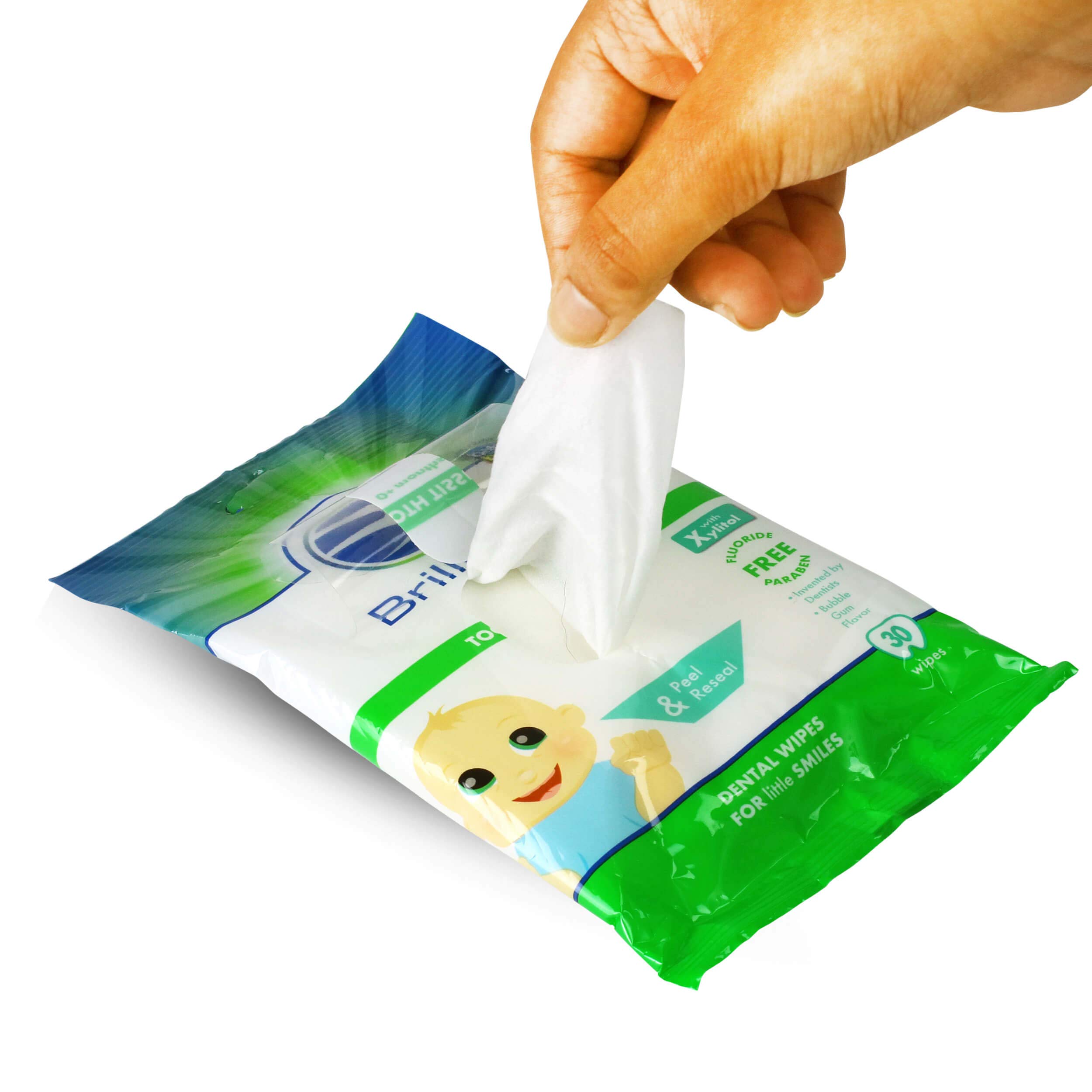 Brilliant Tooth Tissues with Xylitol, Teeth Wipes for Babies and Toddlers, Infant Dental Wipes, Safe if Swallowed, Fluoride Free, Oral Health Must Haves For Baby, All Ages, Bubble Gum Flavor, 30 Count