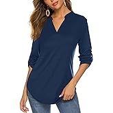 Halife Women's Roll Up 3/4 Sleeve Floral Print V Neck Tunic Blouses Tops Shirts