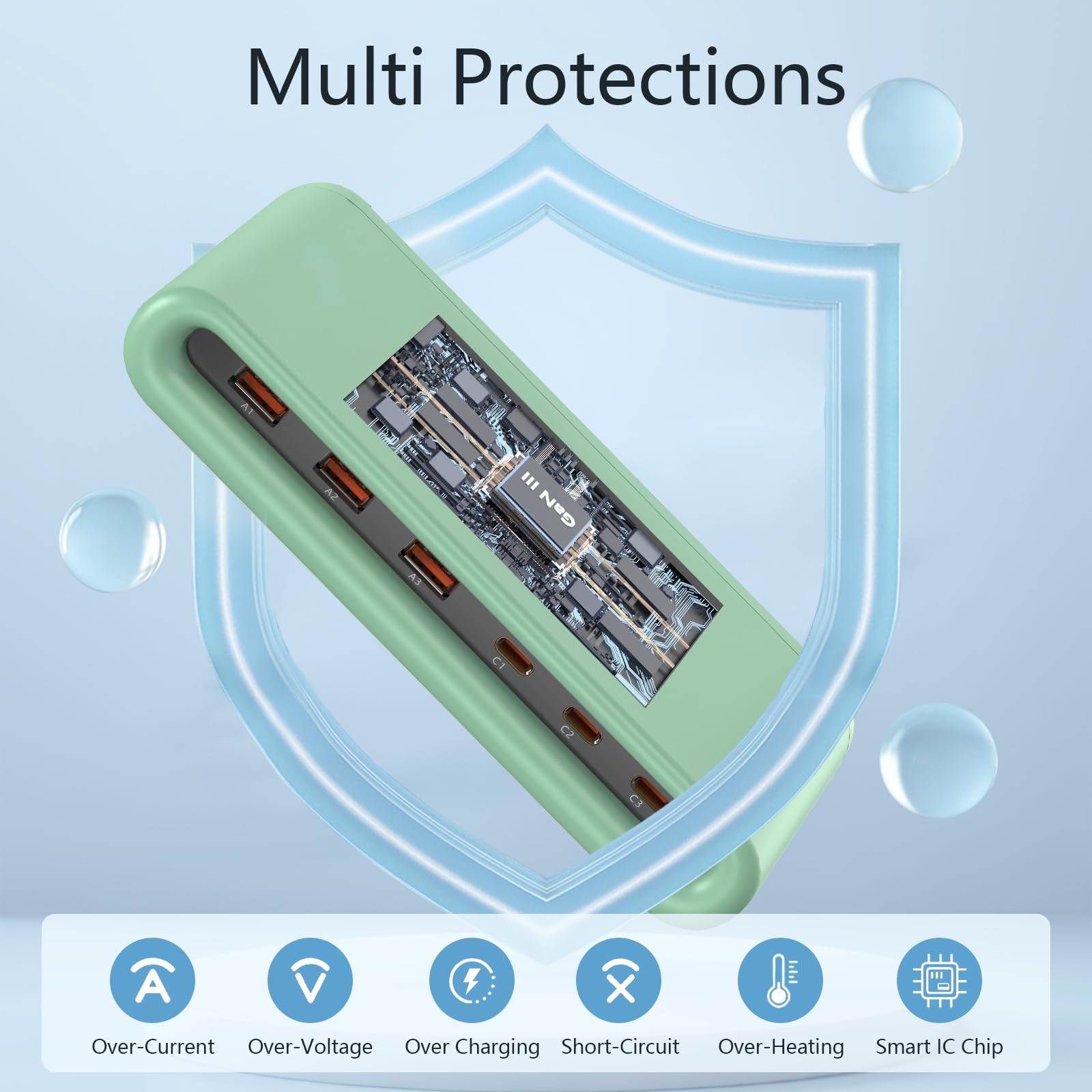 VPSUN 100W USB C Ladegerät Mehrfach für Mehrere Geräte, 6 Port Ladestation 65W USB-C Schnellladegerät für MacBook/iPhone/iPad/Samsung/Pixel/LG(Grün, 100W) 5