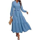 BerryGo Womens Long Sleeve Button Down Dress Casual V Neck Tiered Flowy Aline Tie Waist Shirt Midi Dresses with Pockets
