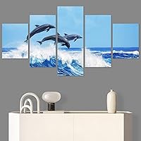 SIGNWIN 5 Panel Canvas Wall Art Modern Art Dolphin Expressive Marine Life Multicolor Nautical Photography Whale for Home Decorations Ready to Hang - 60